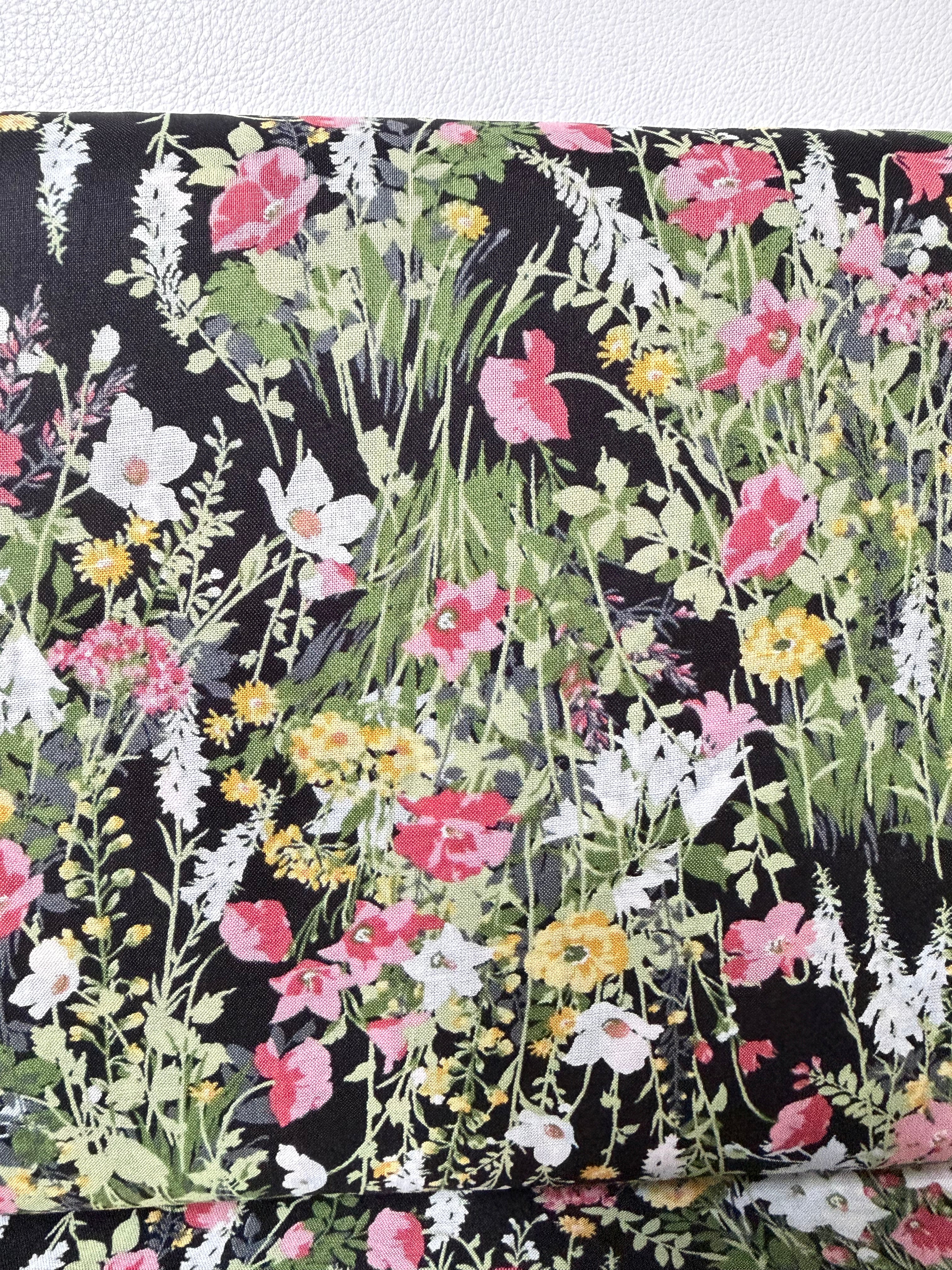Yellow, Pink on Black- Cotton Lawn- 42” Wide- Floral Print- Kokka