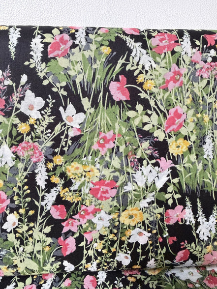 Yellow, Pink on Black- Cotton Lawn- 42” Wide- Floral Print- Kokka