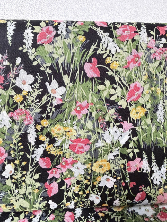 Yellow, Pink on Black- Cotton Lawn- 42” Wide- Floral Print- Kokka