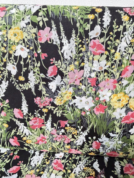 Yellow, Pink on Black- Cotton Lawn- 42” Wide- Floral Print- Kokka