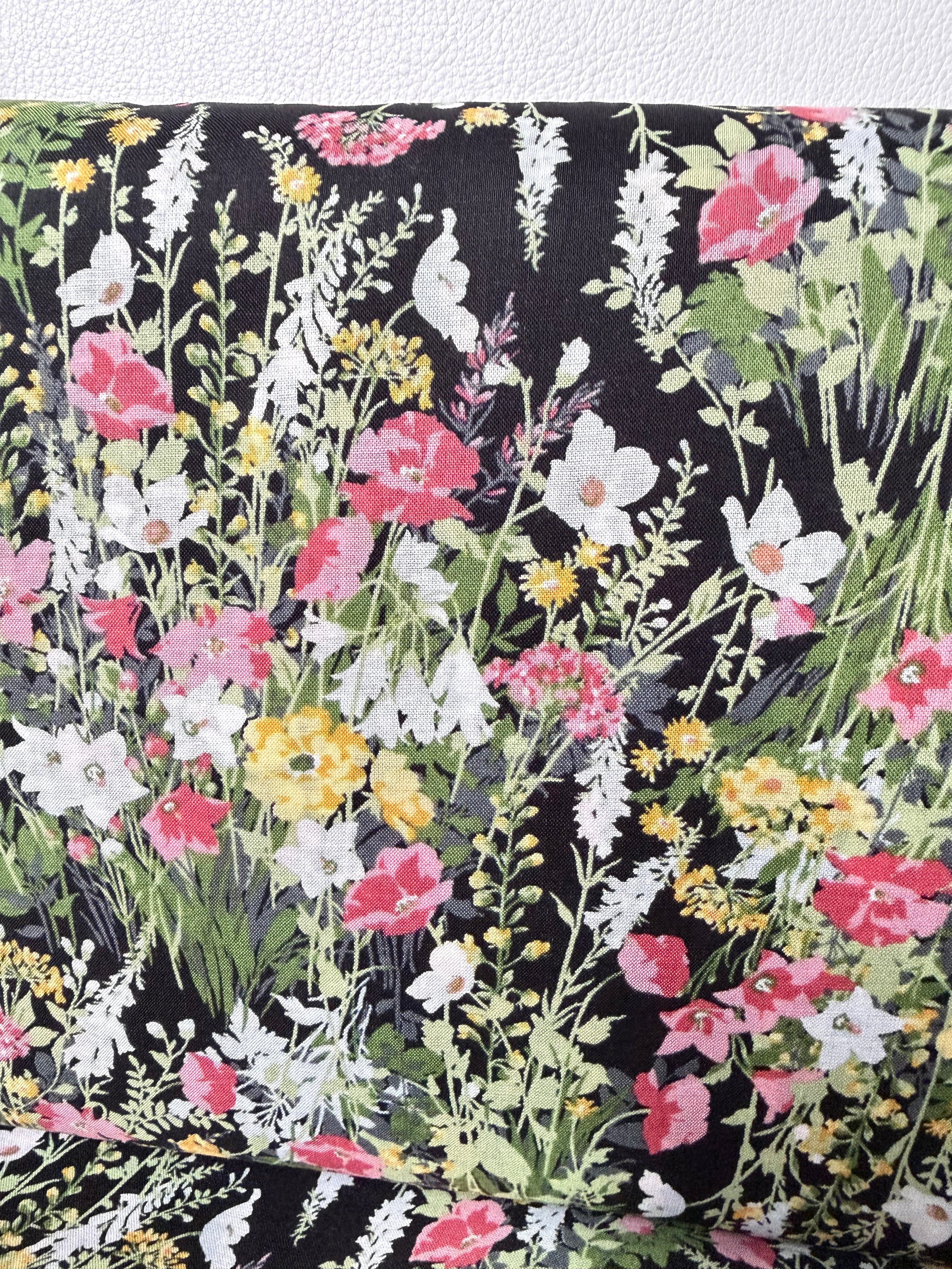 Yellow, Pink on Black- Cotton Lawn- 42” Wide- Floral Print- Kokka