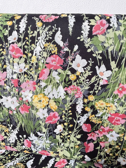 Yellow, Pink on Black- Cotton Lawn- 42” Wide- Floral Print- Kokka