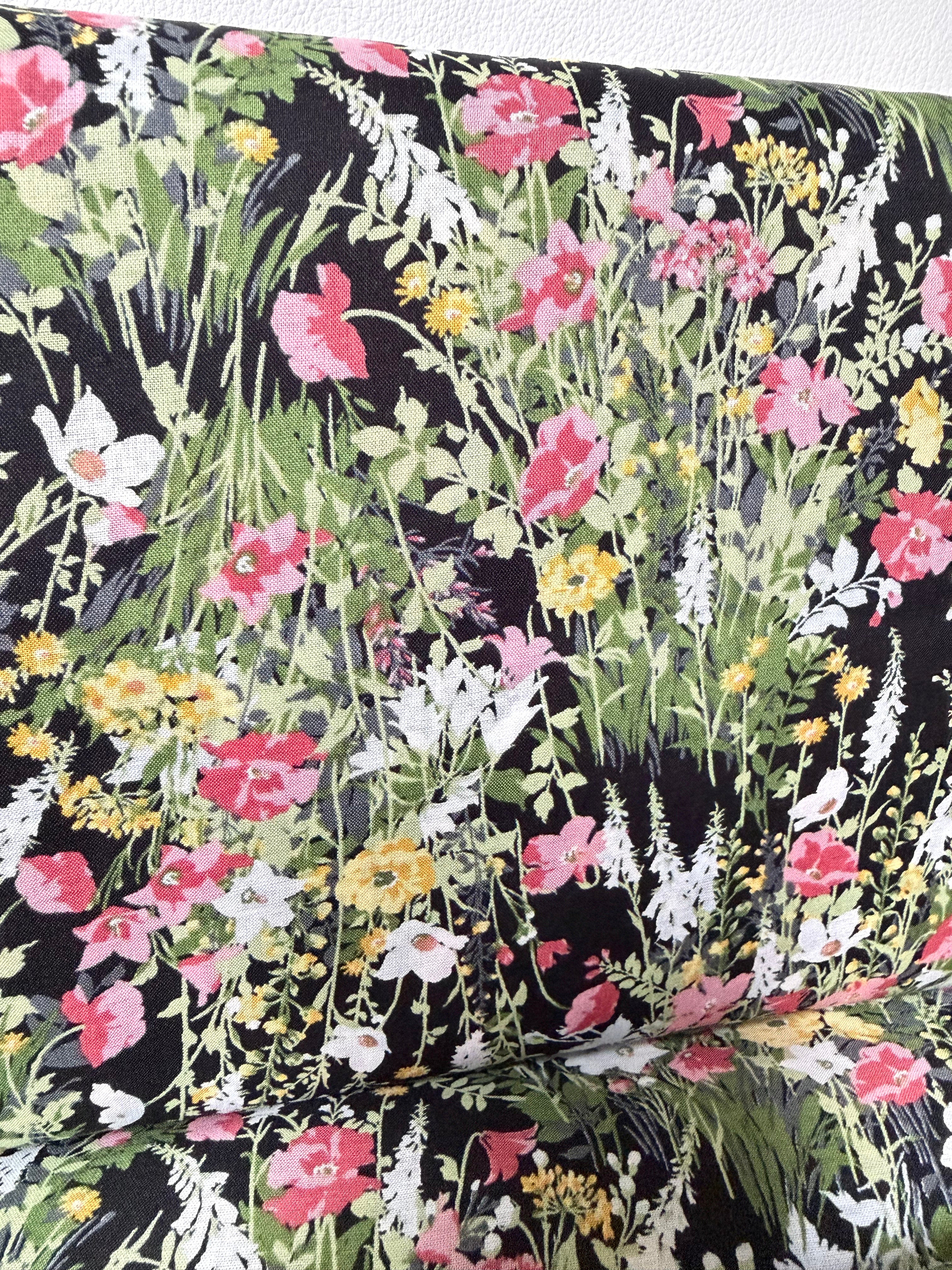 Yellow, Pink on Black- Cotton Lawn- 42” Wide- Floral Print- Kokka