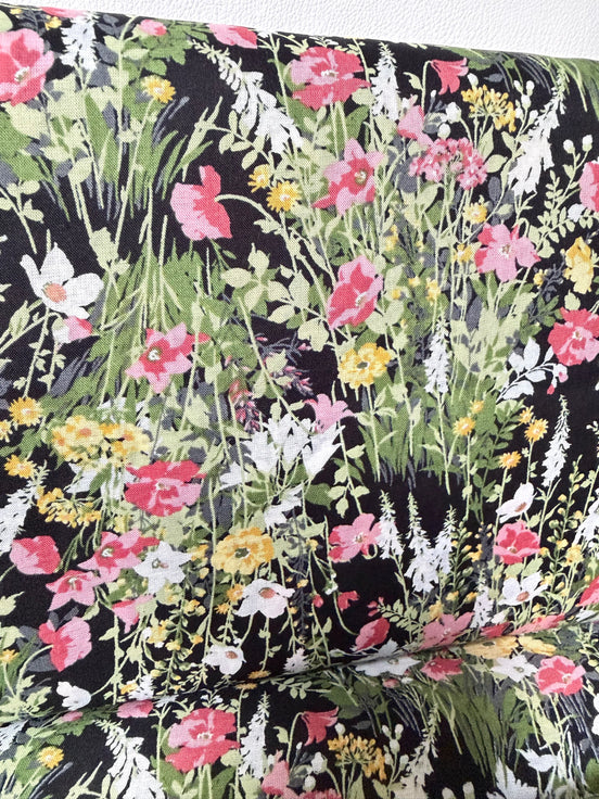 Yellow, Pink on Black- Cotton Lawn- 42” Wide- Floral Print- Kokka