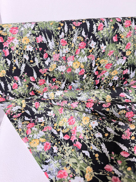 Yellow, Pink on Black- Cotton Lawn- 42” Wide- Floral Print- Kokka
