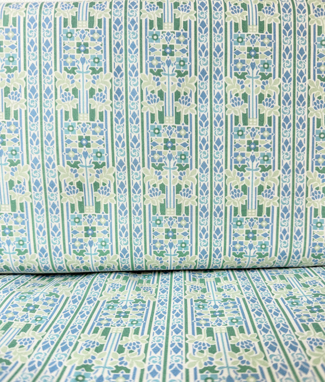 Green, Blue Floral Print on White- Palace Gardens Collection "Stately Gardens D"- Liberty Cotton- 44" Wide