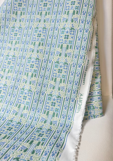 Green, Blue Floral Print on White- Palace Gardens Collection "Stately Gardens D"- Liberty Cotton- 44" Wide