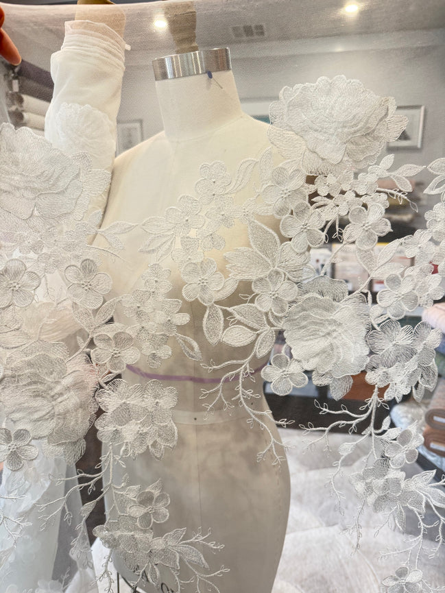 White 3D Floral- European Embroidered Tulle- 52" (513)