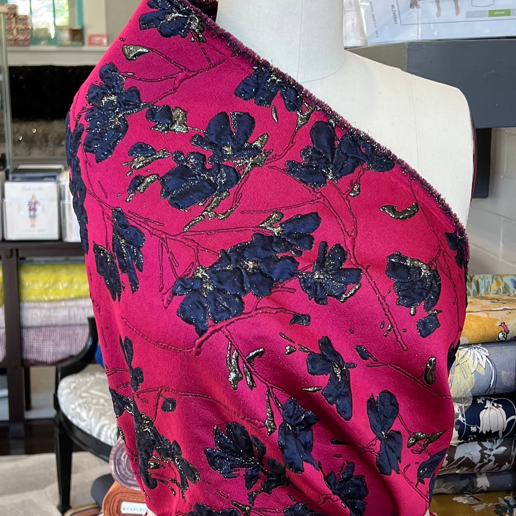 Dark Blue Floral On Magenta Jacquard- 51” Wide (1723)