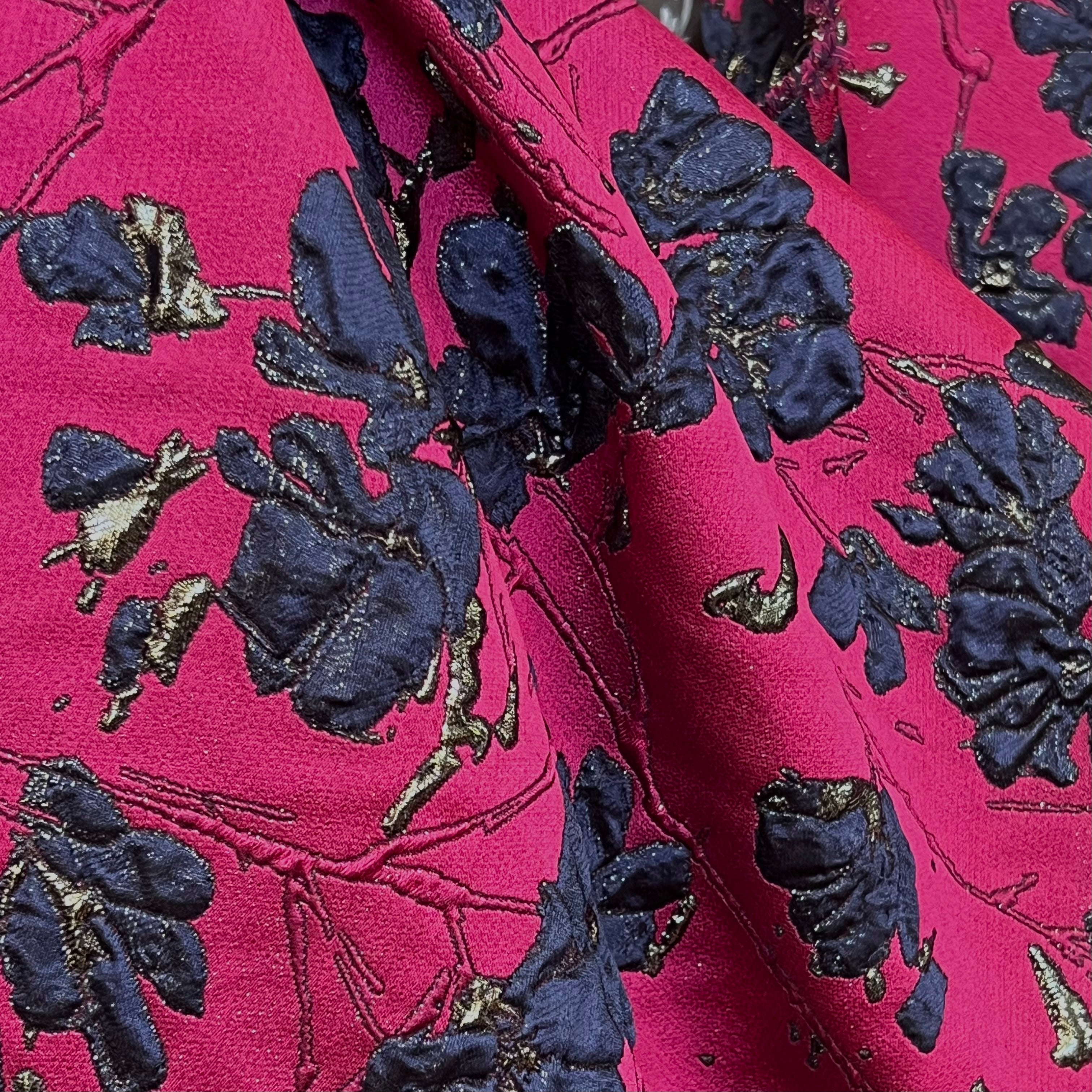 Dark Blue Floral On Magenta Jacquard- 51” Wide (1723)