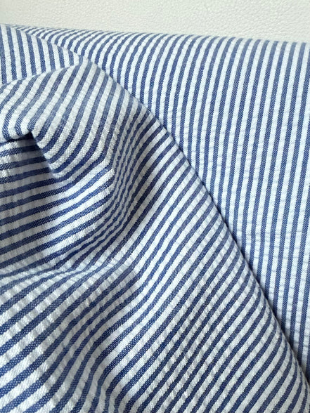 Royal and White Seersucker Stripe- 57” Wide- Cotton Poly Blend