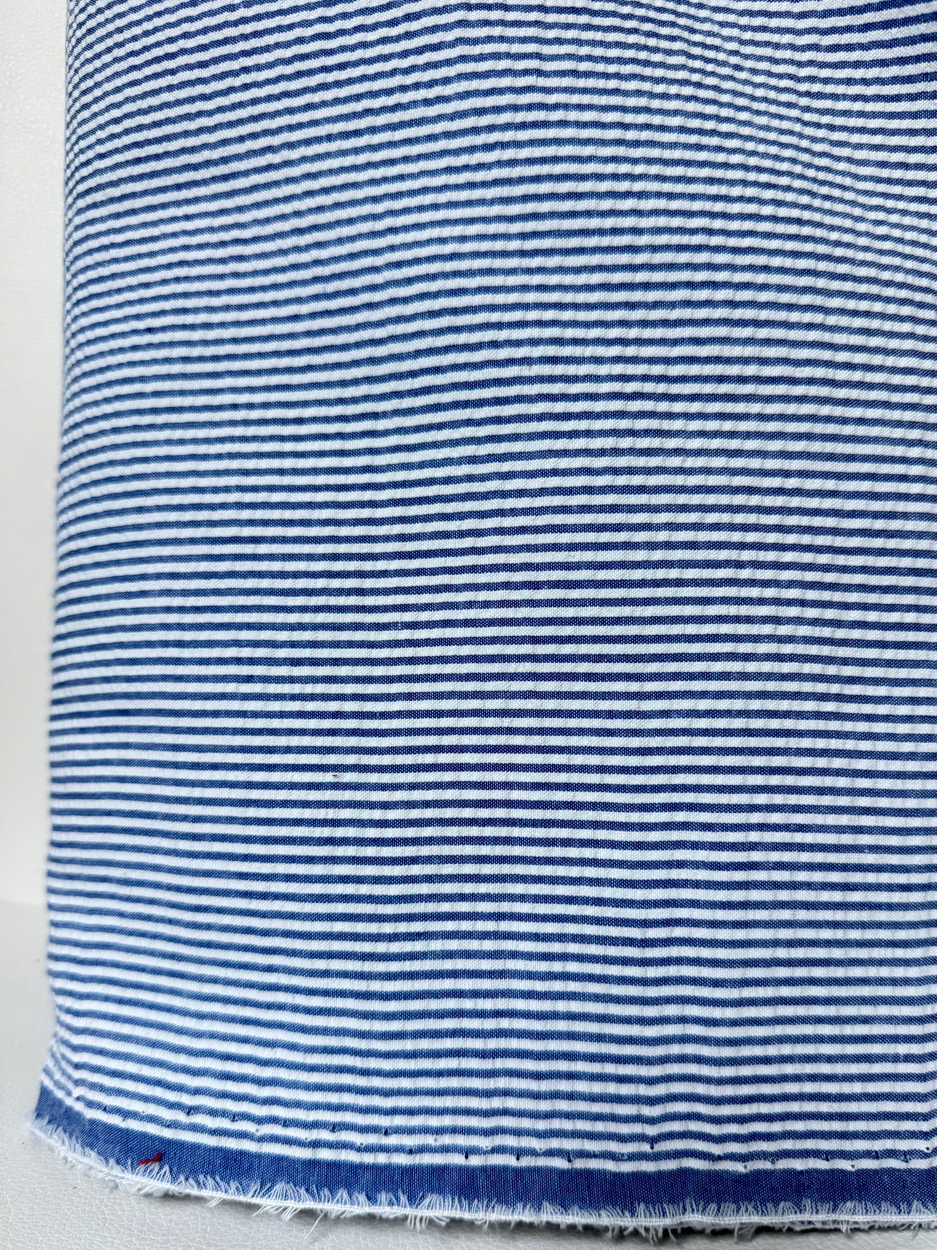 Royal and White Seersucker Stripe- 57” Wide- Cotton Poly Blend