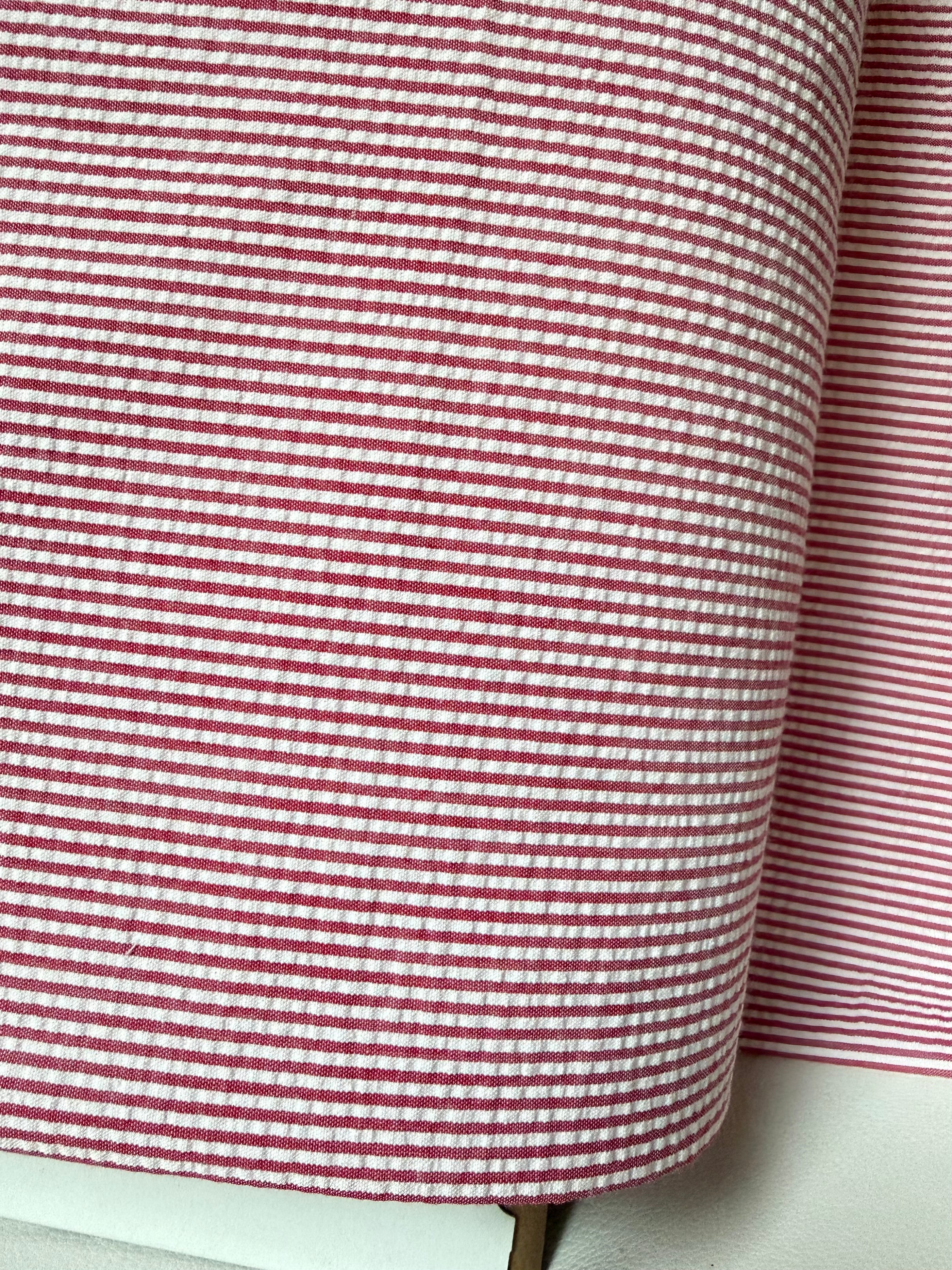 Red and White Seersucker Stripe- 57” Wide- Cotton Poly Blend