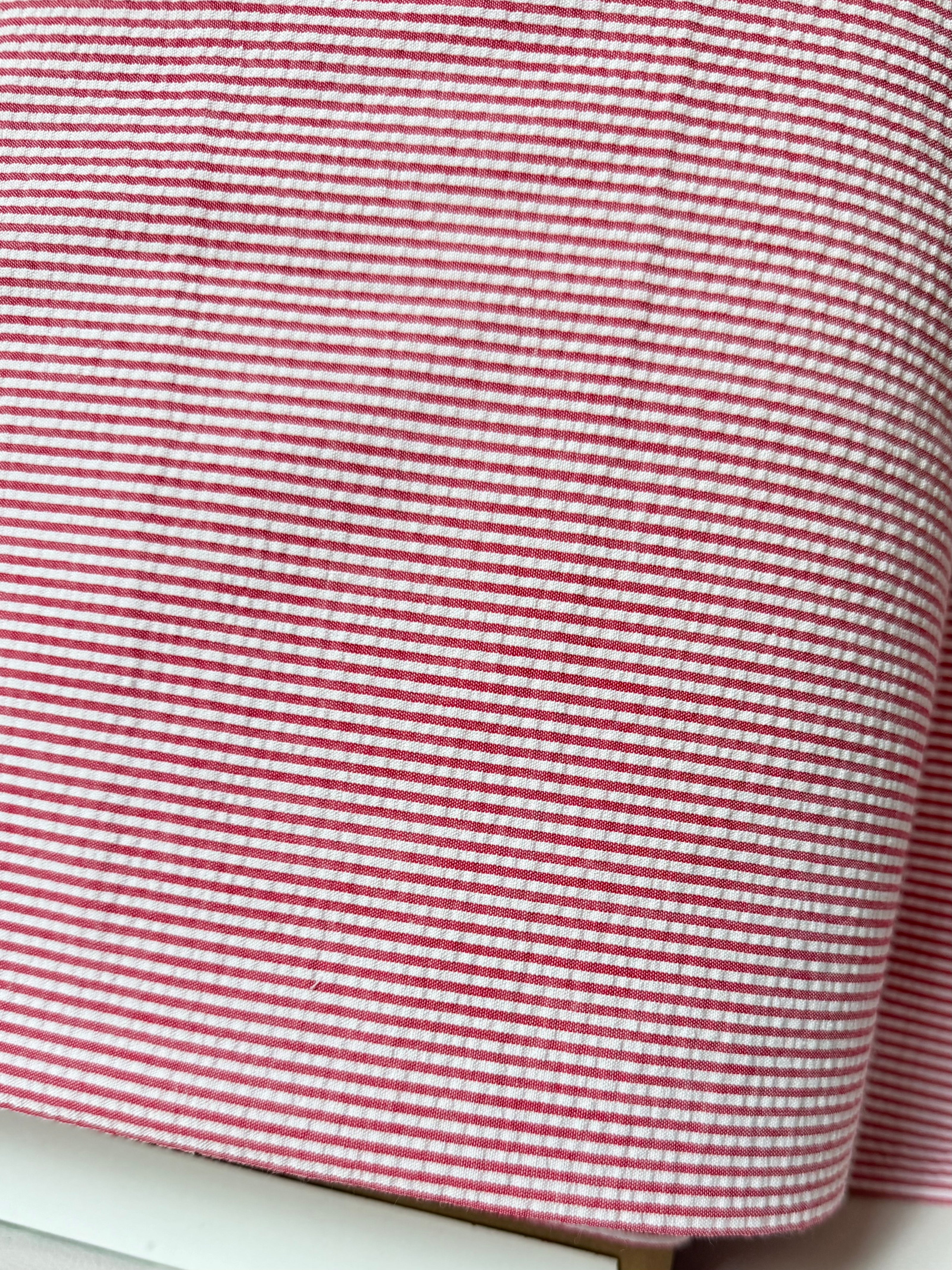 Red and White Seersucker Stripe- 57” Wide- Cotton Poly Blend