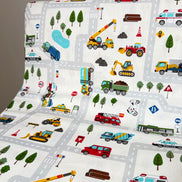 Cosmo Light Gray Buses, Tractors, Trucks, Bulldozers- 43” Wide Cotton Fabric- COSSP2611-11A