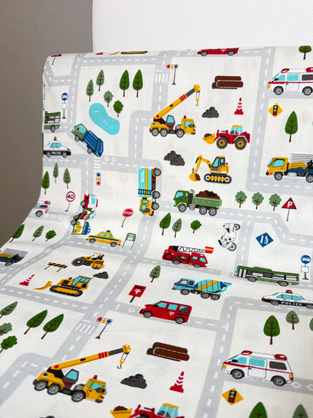 Cosmo Light Gray Buses, Tractors, Trucks, Bulldozers- 43” Wide Cotton Fabric- COSSP2611-11A