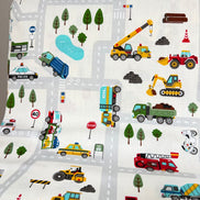 Cosmo Light Gray Buses, Tractors, Trucks, Bulldozers- 43” Wide Cotton Fabric- COSSP2611-11A