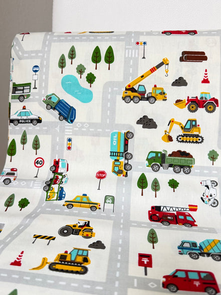 Cosmo Light Gray Buses, Tractors, Trucks, Bulldozers- 43” Wide Cotton Fabric- COSSP2611-11A