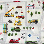Cosmo Light Gray Buses, Tractors, Trucks, Bulldozers- 43” Wide Cotton Fabric- COSSP2611-11A