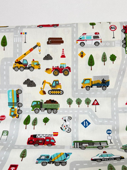Cosmo Light Gray Buses, Tractors, Trucks, Bulldozers- 43” Wide Cotton Fabric- COSSP2611-11A