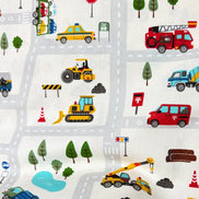 Cosmo Light Gray Buses, Tractors, Trucks, Bulldozers- 43” Wide Cotton Fabric- COSSP2611-11A
