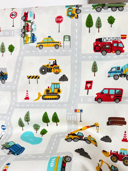 Cosmo Light Gray Buses, Tractors, Trucks, Bulldozers- 43” Wide Cotton Fabric- COSSP2611-11A