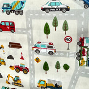 Cosmo Light Gray Buses, Tractors, Trucks, Bulldozers- 43” Wide Cotton Fabric- COSSP2611-11A