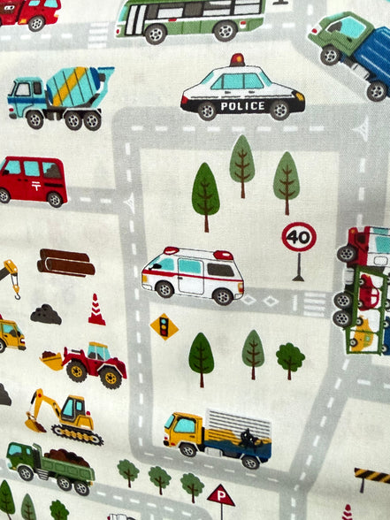 Cosmo Light Gray Buses, Tractors, Trucks, Bulldozers- 43” Wide Cotton Fabric- COSSP2611-11A