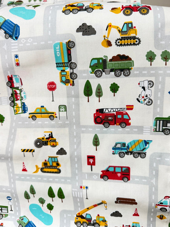Cosmo Light Gray Buses, Tractors, Trucks, Bulldozers- 43” Wide Cotton Fabric- COSSP2611-11A
