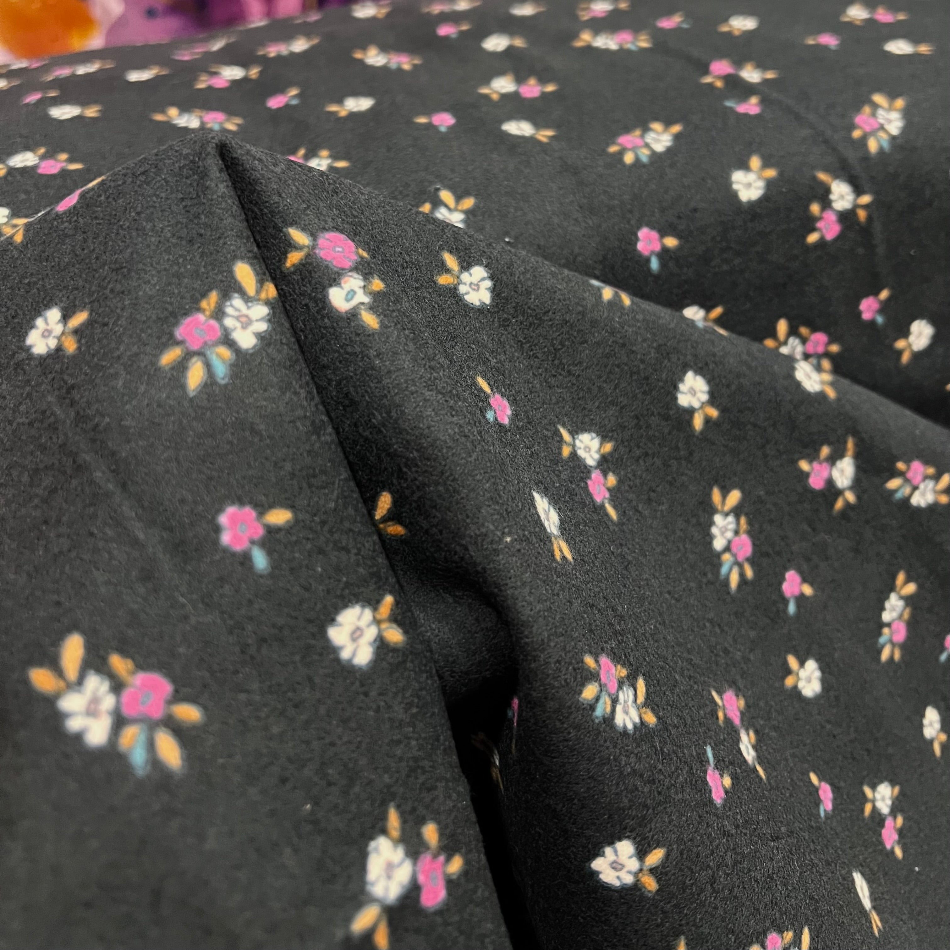 Pink-Purple & White Floral on Black Cotton Flannel- “Bloemenzee Rose