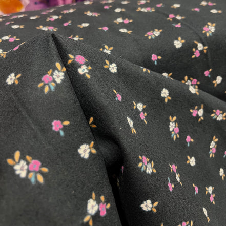 Pink-Purple & White Floral on Black Cotton Flannel- “Bloemenzee Rose"- 43" Wide