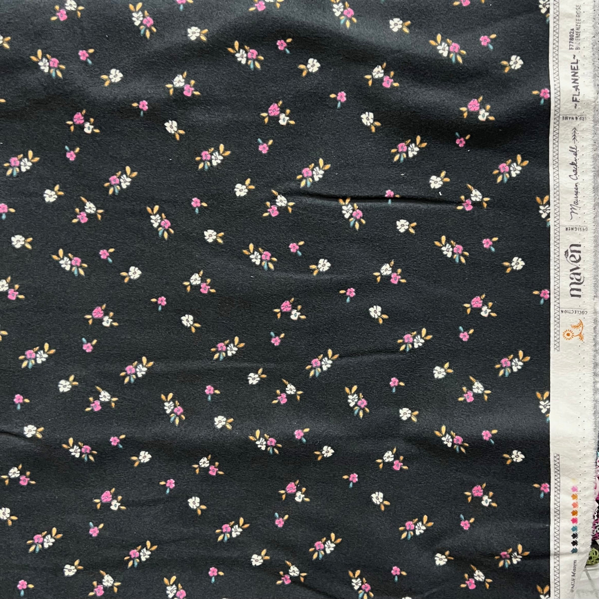 Pink-Purple & White Floral on Black Cotton Flannel- “Bloemenzee Rose
