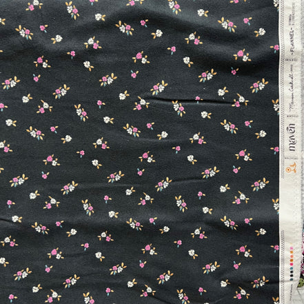 Pink-Purple & White Floral on Black Cotton Flannel- “Bloemenzee Rose"- 43" Wide