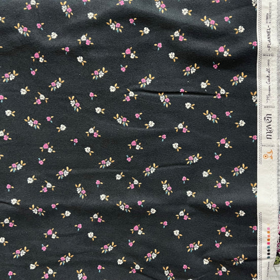 Pink-Purple & White Floral on Black Cotton Flannel- “Bloemenzee Rose"- 43" Wide