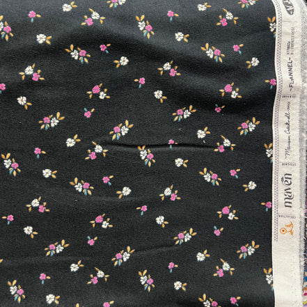 Pink-Purple & White Floral on Black Cotton Flannel- “Bloemenzee Rose"- 43" Wide
