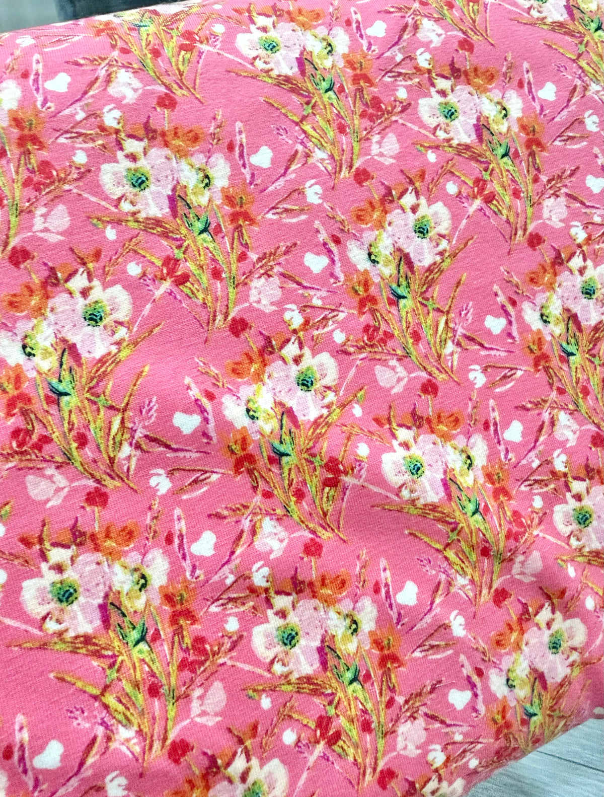 Pink and White Floral Jersey Knit Cotton Fabric- 
