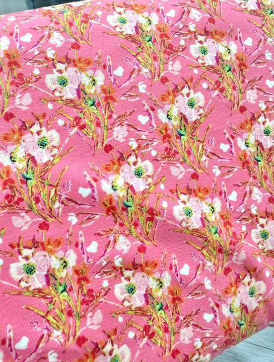 Pink and White Floral Jersey Knit Cotton Fabric- "Rosette Square"- 58"