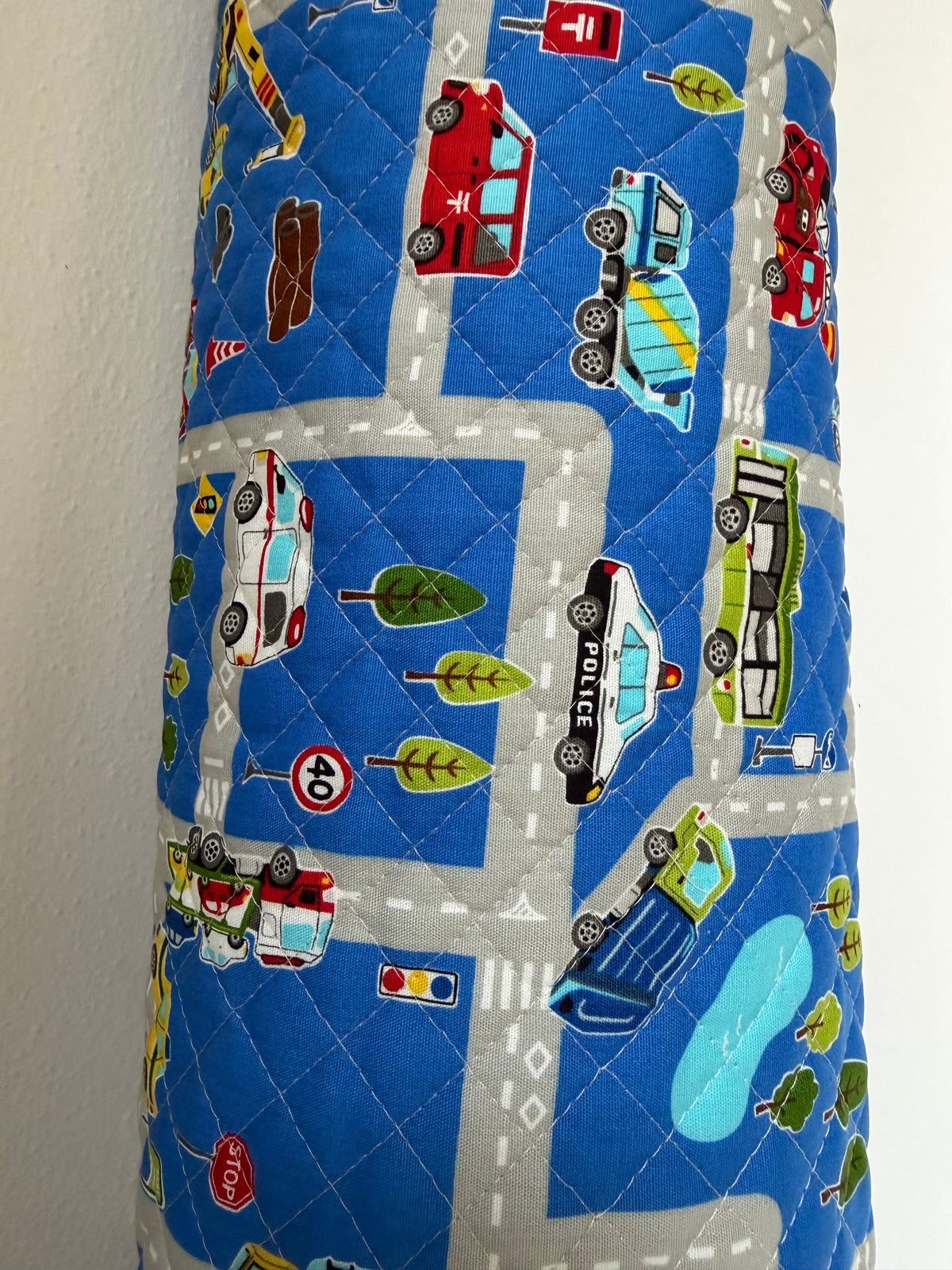 Trucks, Police, Auto, Construction, Vehicles- On Blue- Quilted Cotton Fabric- 