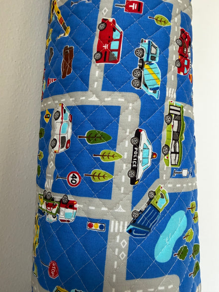 Trucks, Police, Auto, Construction, Vehicles- On Blue- Quilted Cotton Fabric- "Boys Kids Land"- 43" Wide
