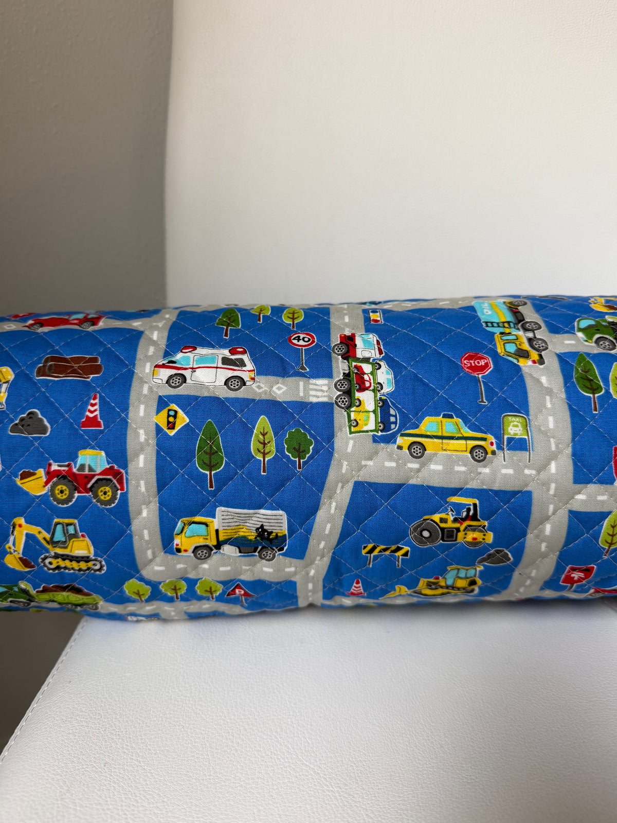 Trucks, Police, Auto, Construction, Vehicles- On Blue- Quilted Cotton Fabric- 
