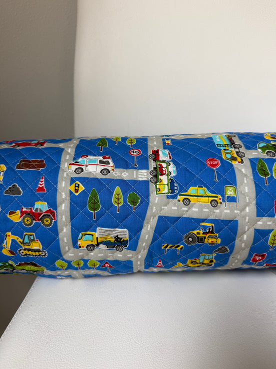 Trucks, Police, Auto, Construction, Vehicles- On Blue- Quilted Cotton Fabric- "Boys Kids Land"- 43" Wide