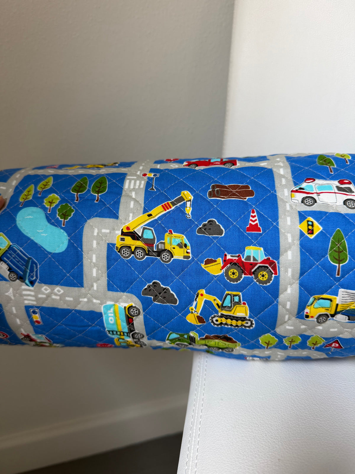 Trucks, Police, Auto, Construction, Vehicles- On Blue- Quilted Cotton Fabric- 