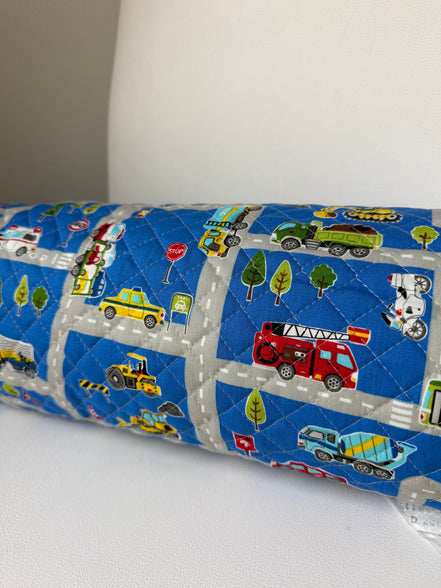 Trucks, Police, Auto, Construction, Vehicles- On Blue- Quilted Cotton Fabric- "Boys Kids Land"- 43" Wide