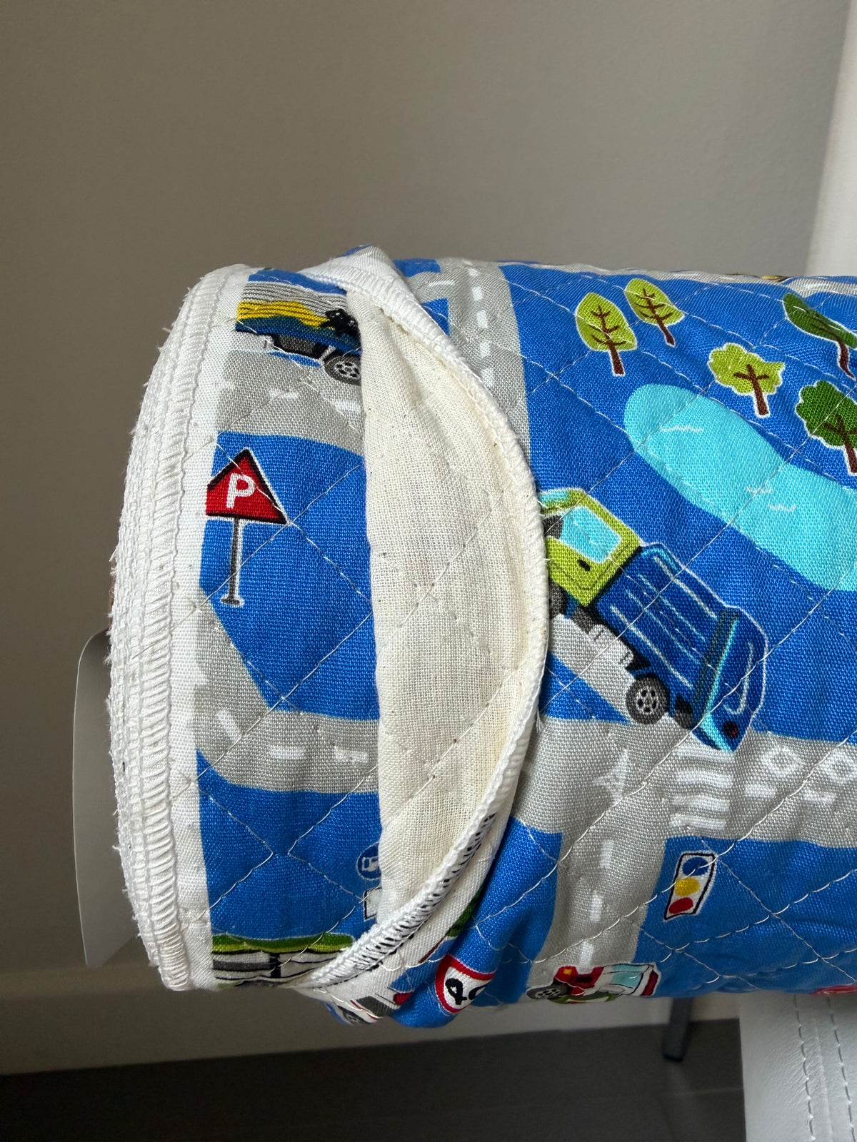 Trucks, Police, Auto, Construction, Vehicles- On Blue- Quilted Cotton Fabric- 