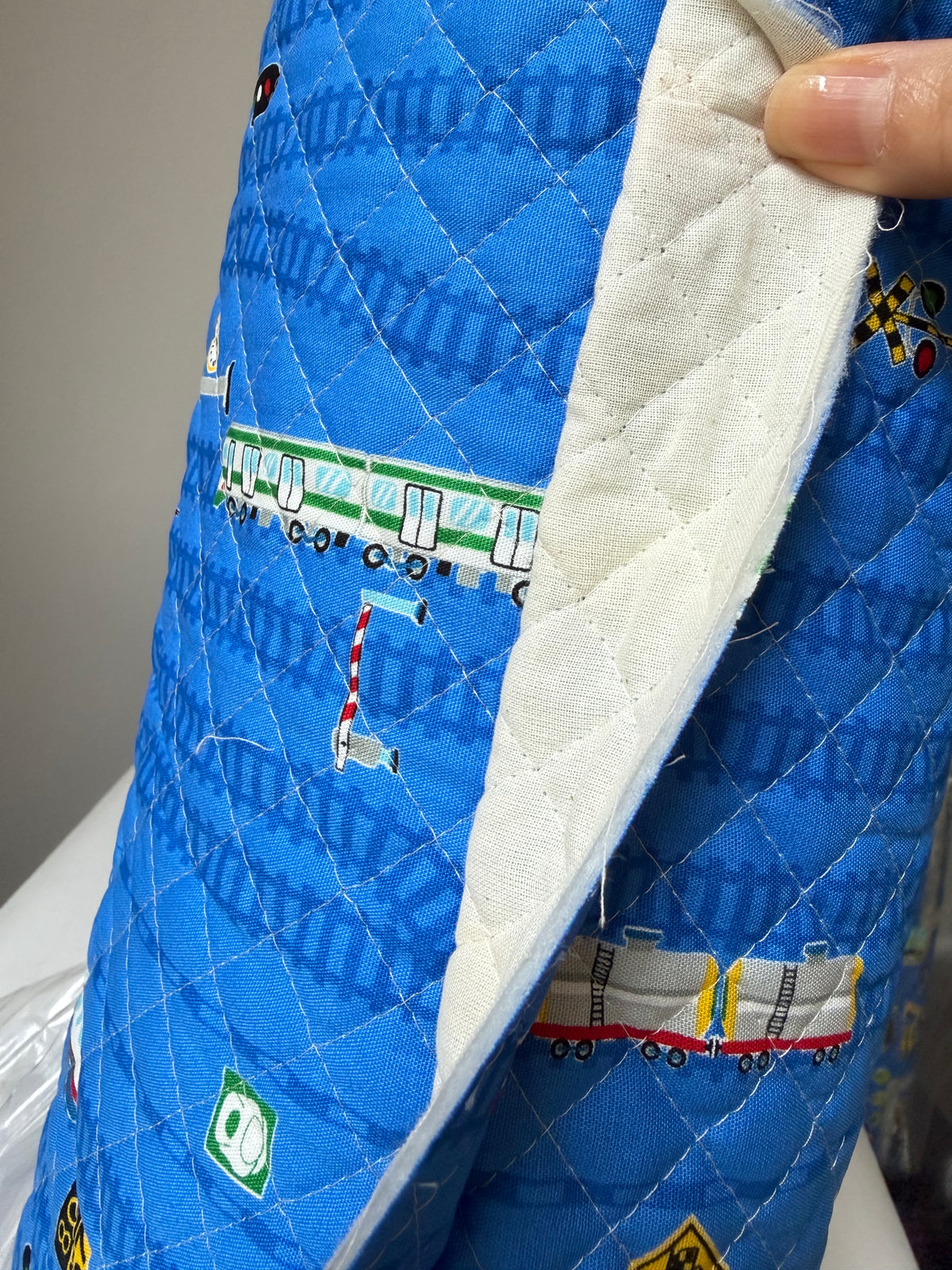 Trains- On Blue- Quilted Cotton Fabric- 