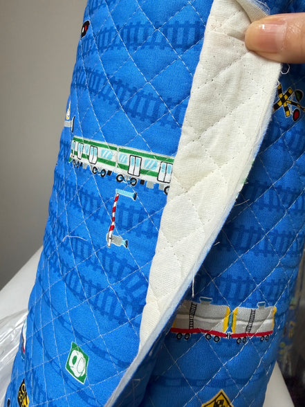 Trains- On Blue- Quilted Cotton Fabric- "Boys Kids Land"- 43" Wide
