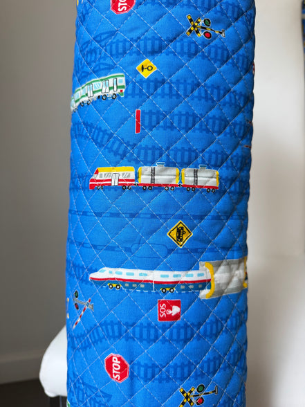 Trains- On Blue- Quilted Cotton Fabric- "Boys Kids Land"- 43" Wide