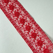 Delicate Red Floral Embroidered Tulle Trim- 2” Wide- (4109)