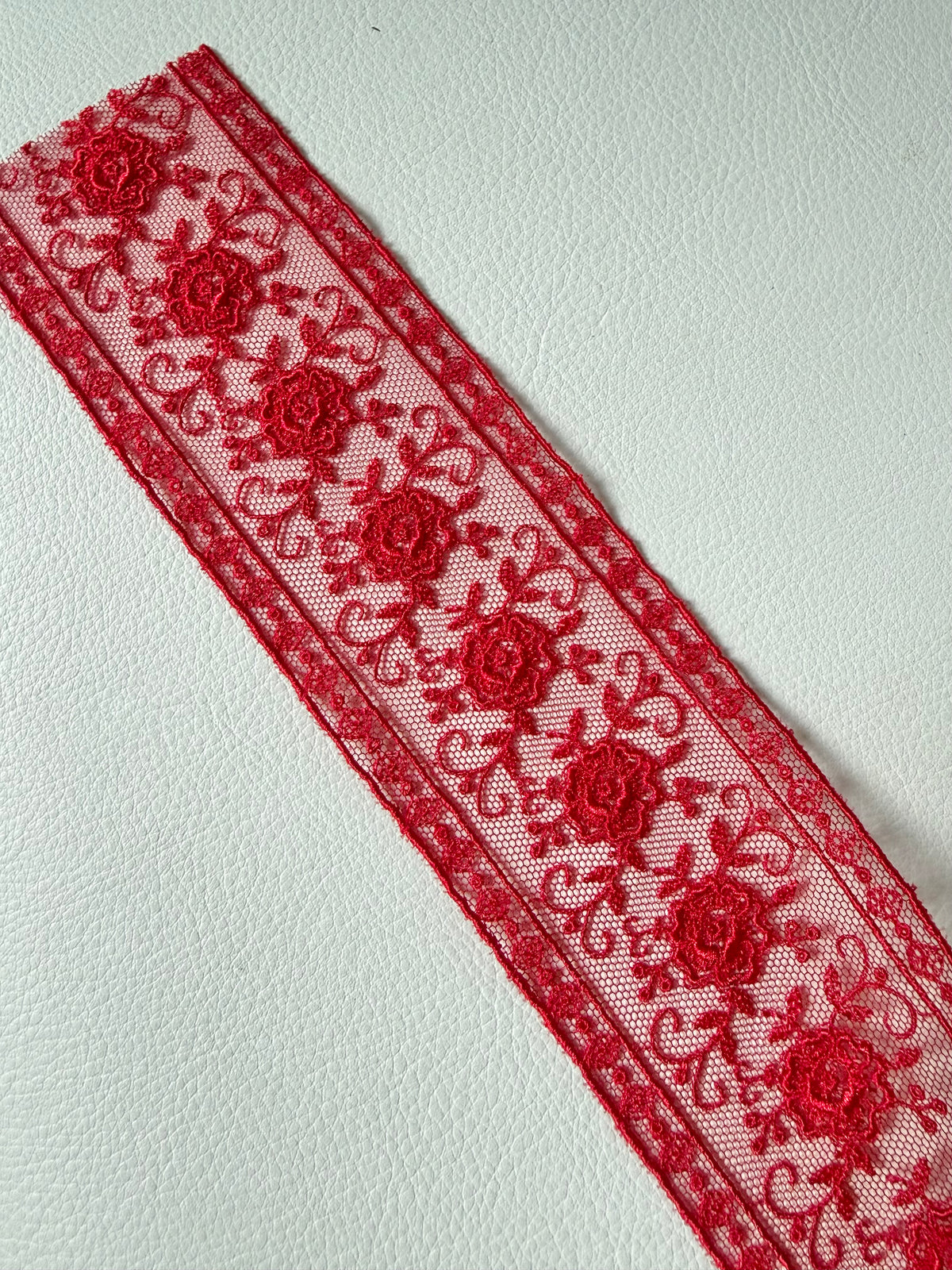 Delicate Red Floral Embroidered Tulle Trim- 2” Wide- (4109)