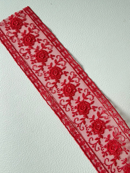 Delicate Red Floral Embroidered Tulle Trim- 2” Wide- (4109)